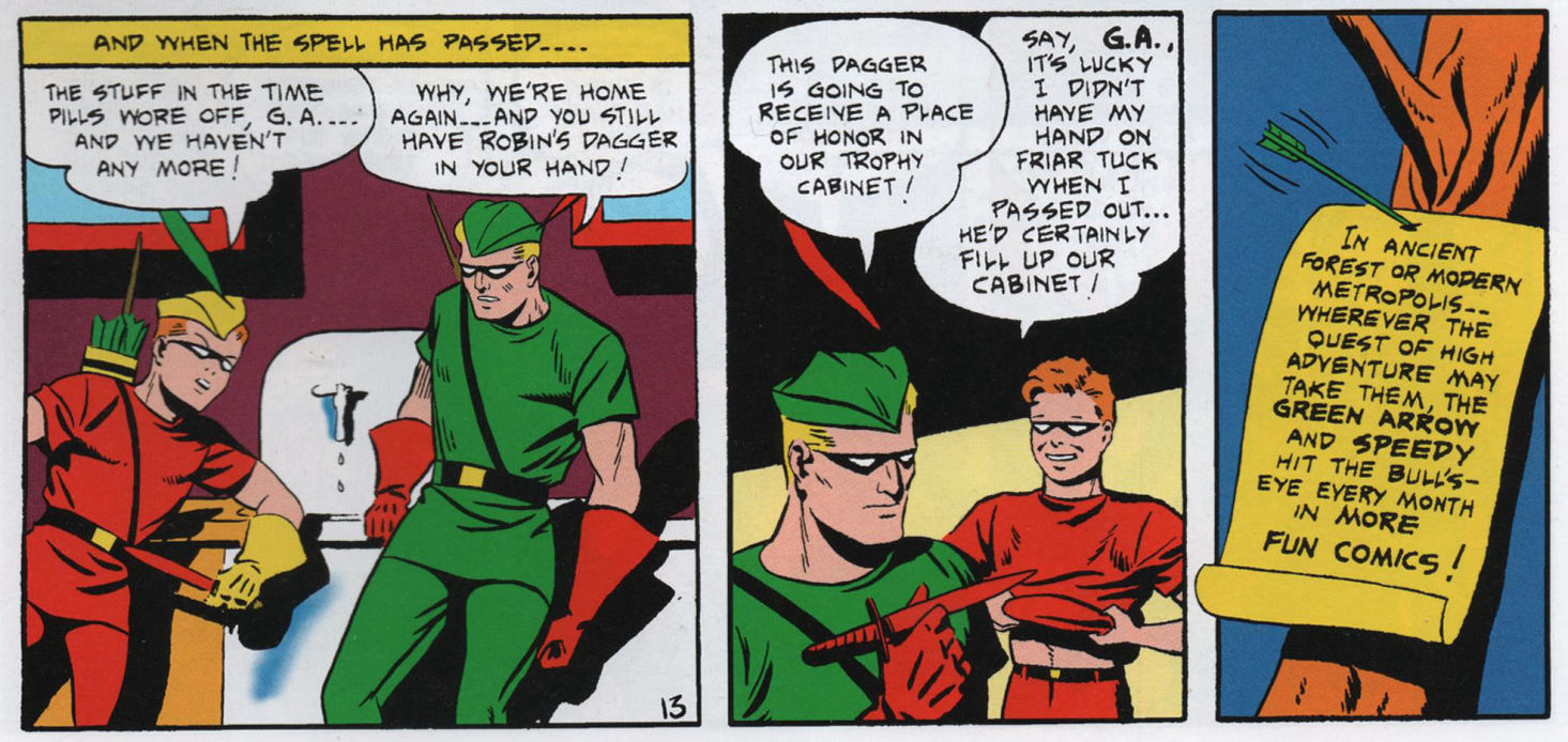 Green Arrow and Speedy with Robin Hood's dagger