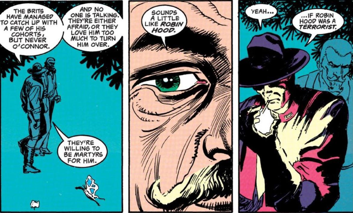 Oliver Queen discusses a Robin Hood like figure -- a terrorist by Mike Grell, Denys Cowan and Bill Wray