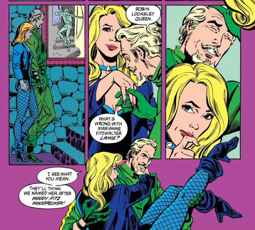 Ollie and Dinah discuss Robin Hood like baby names, written by Mike Grell with art by Dan Jurgens and Frank McLaughlin 