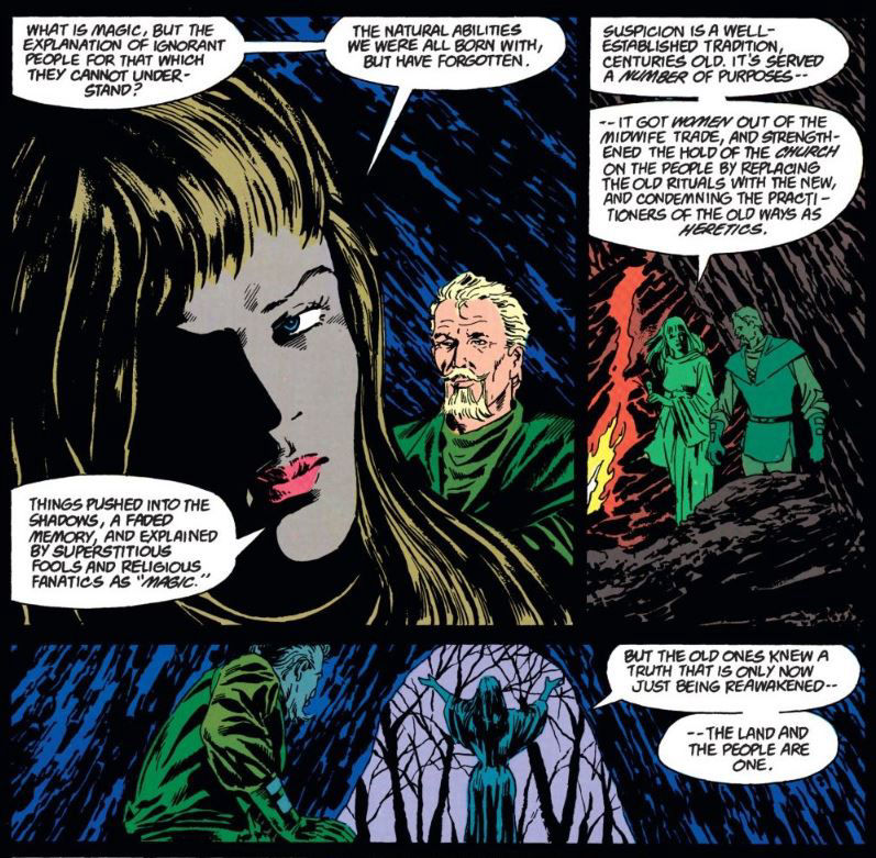 Rowan explains her beliefs, written by Mike Grell, art by J.J. Birch and Michael Bair