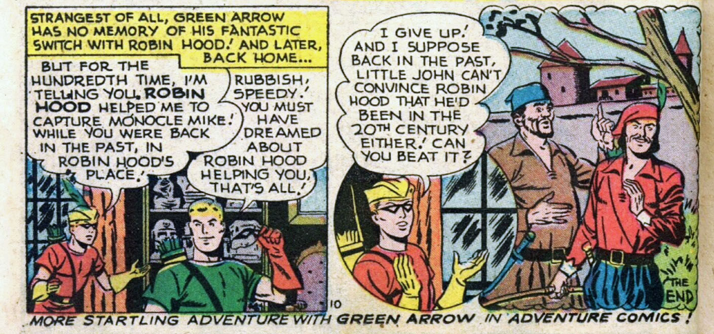 Robin Hood and Green Arrow return to their own times with no memory of the crossover, by Otto Binder and George Papp