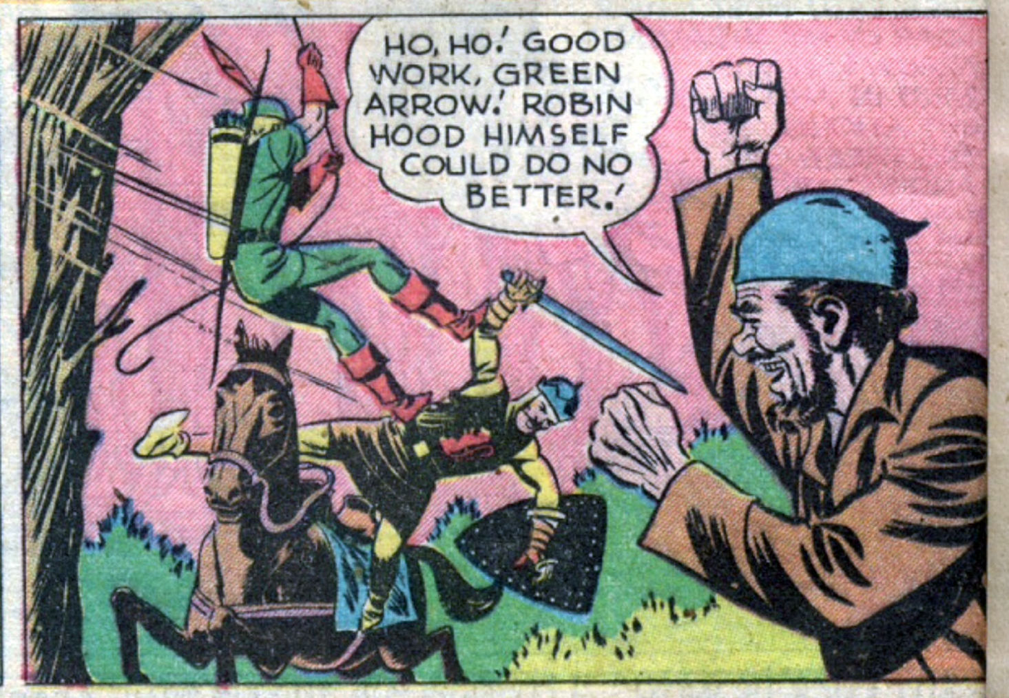 Green Arrow in the past on his arrowline, art by George Papp