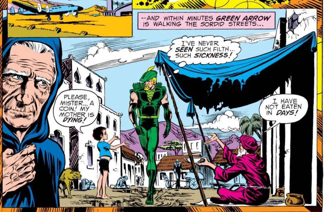 Green Arrow visits a poor country, art by Mike Grell