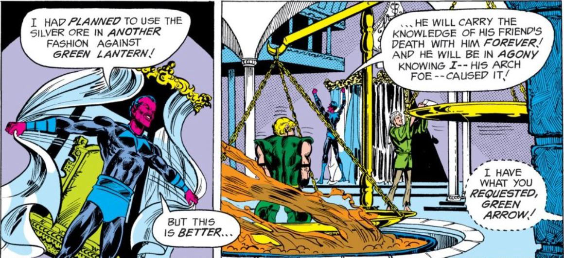 Sinestro has Green Arrow in a deathtrap, art by Mike Grell