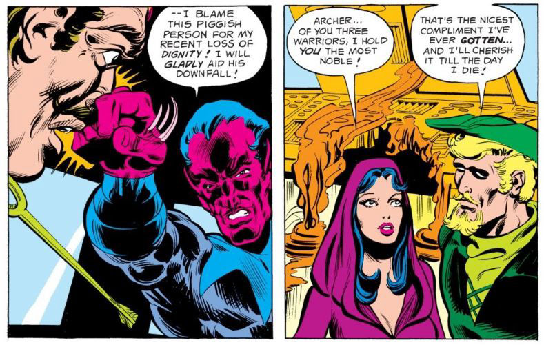 Sinestro threatens Prince Yuan while Marion has eyes for Green Arrow, art by Mike Grell and Bob Smith