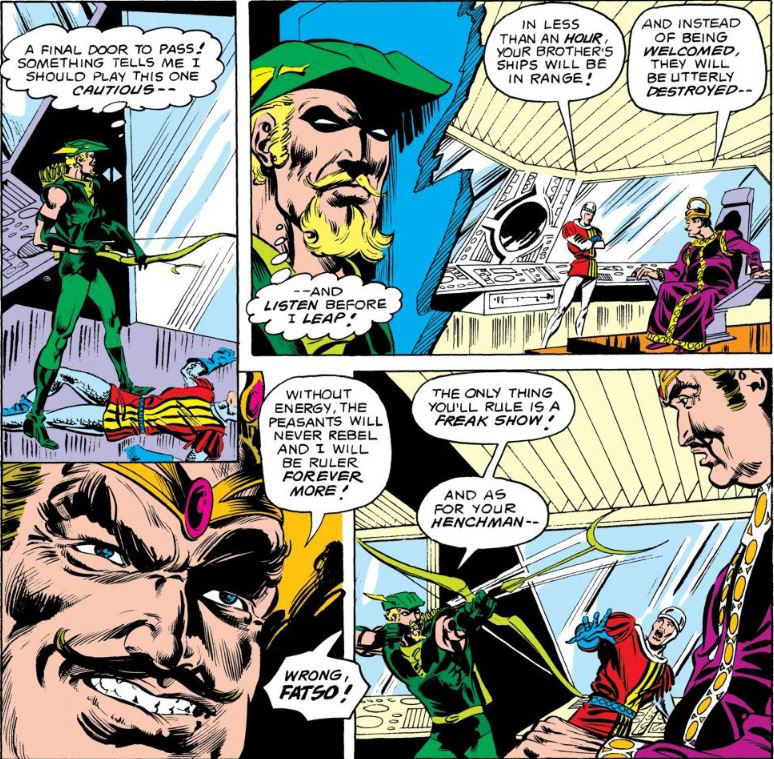 Green Arrow enters Prince Juan's HQ, art by Mike Grell and Bob Smith