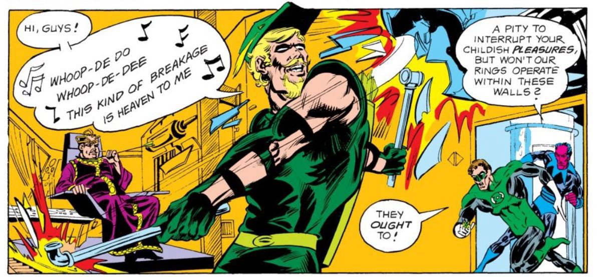 Green Arrow smashes equipment, art by Mike Grell and Bob Smith