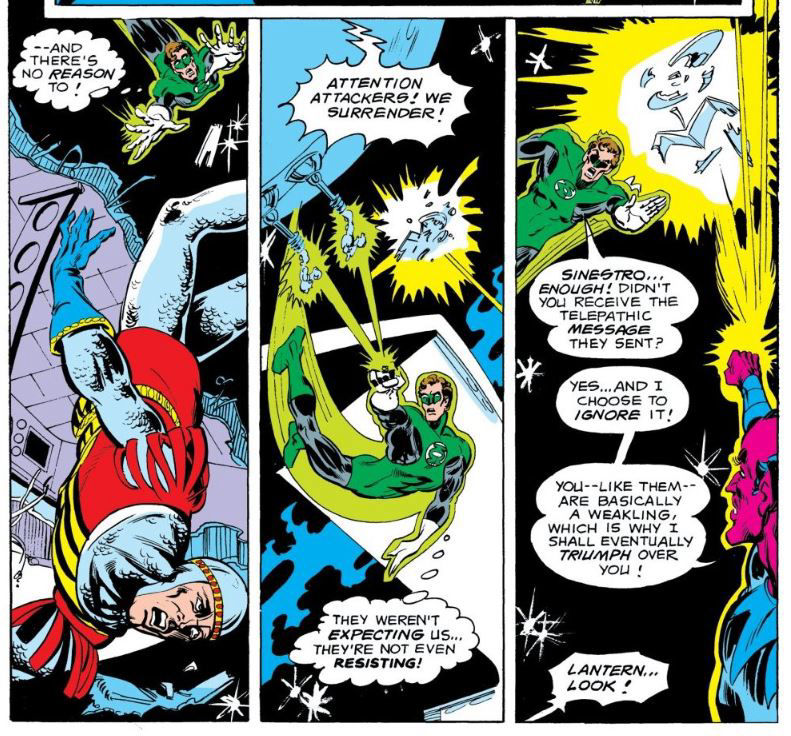 Sinestro slaughters the enemy fleet, art by Mike Grell and Bob Smith