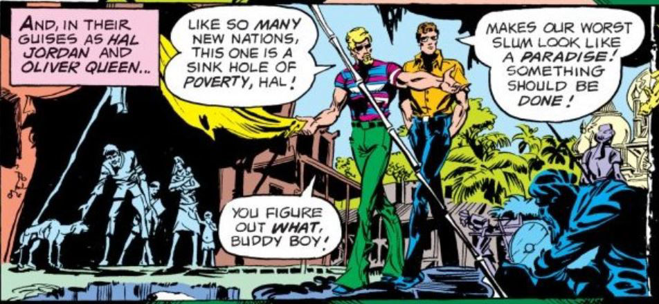 Oliver Queen and Hal Jordan tour the slums, art by Mike Grell and Bob Smith
