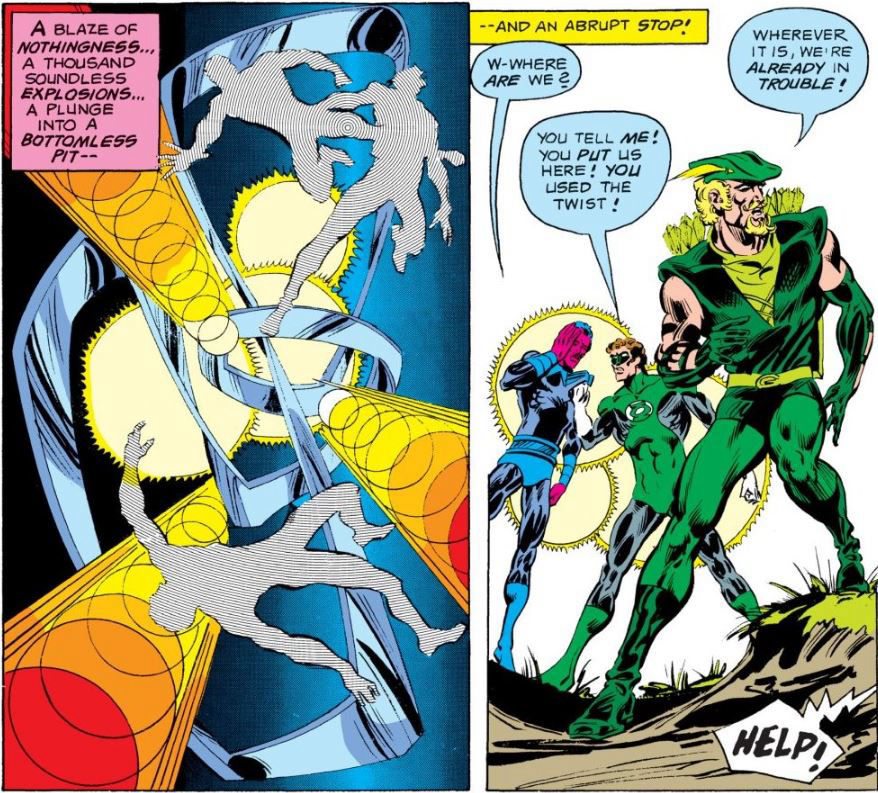 The Silver Twist transports Sinestro, Green Lantern and Green Arrow, art by Mike Grell and Bob Smith