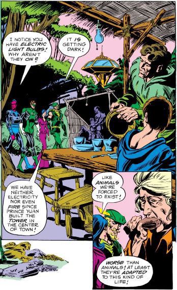 The heroes travel through a sci-fi, semi-medieval camp, art by Mike Grell