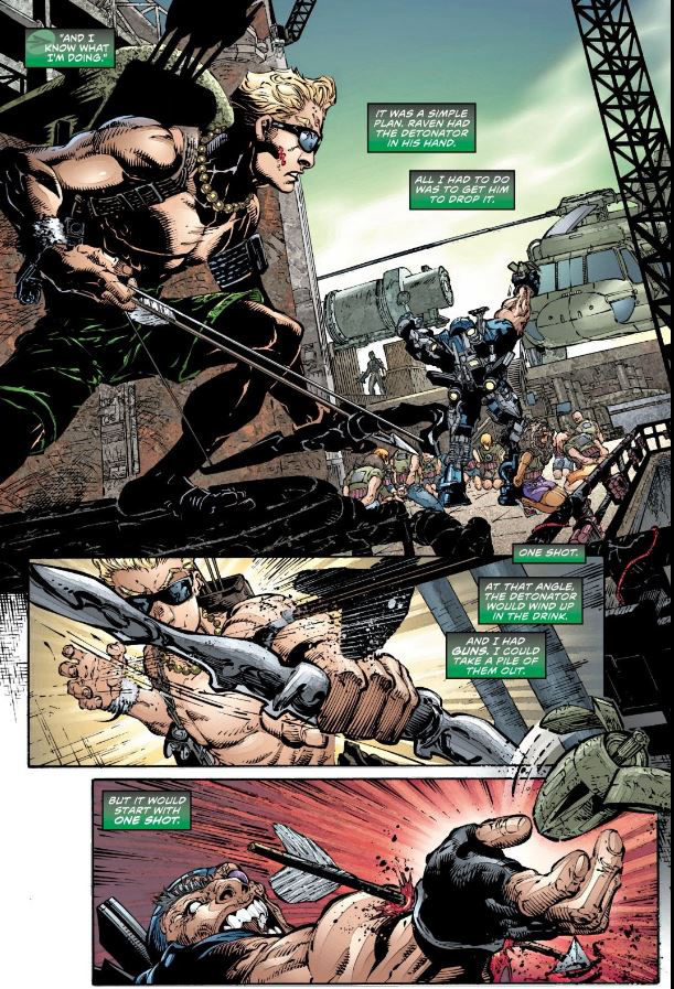 Oliver defends the oil rig, written by Judd Winick and art by Freddie Williams II