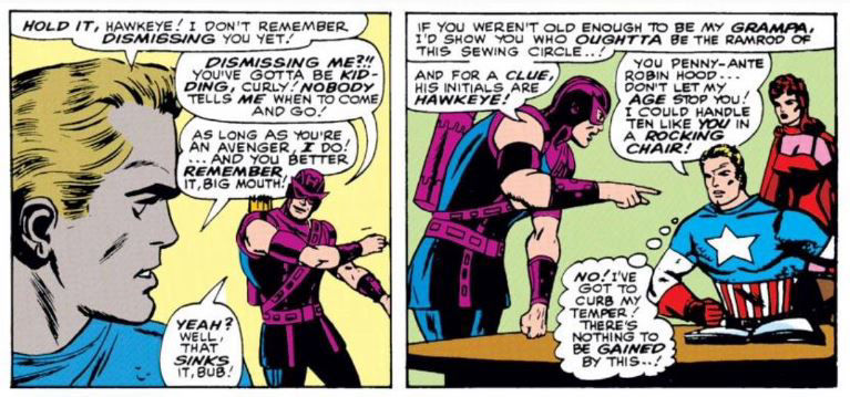 Captain America and Hawkeye argue in Avengers #25 by Stan Lee, Don Heck and Dick Ayers
