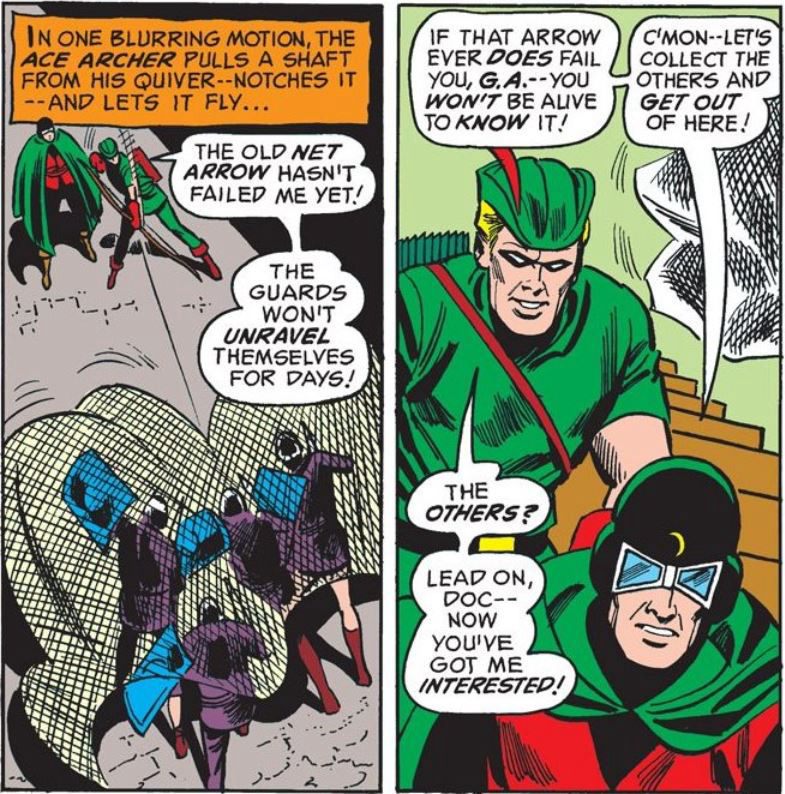 Green Arrow takes out the Nottingham guards with his net arrow, art by Dick Dillin
