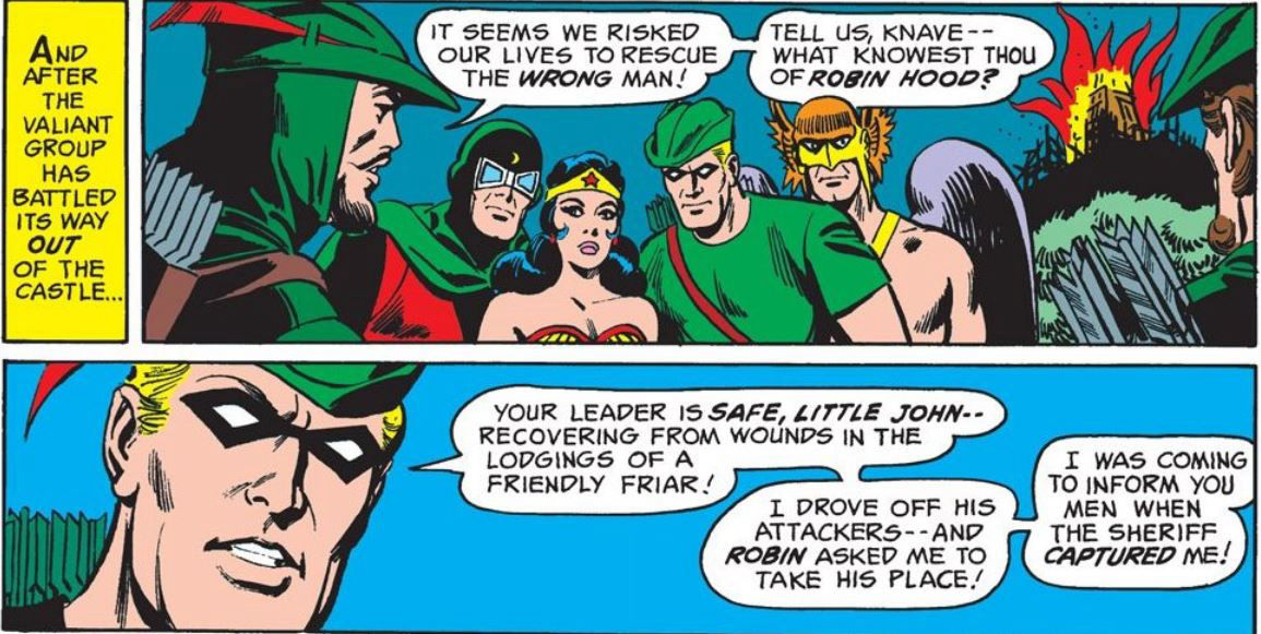 The Earth-Two Green Arrow explains where Robin Hood is, art by Dick Dillin