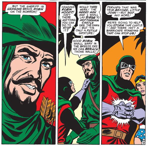 Dr. Mid-Nite promises to help Little John save Robin Hood, art by Dick Dillin