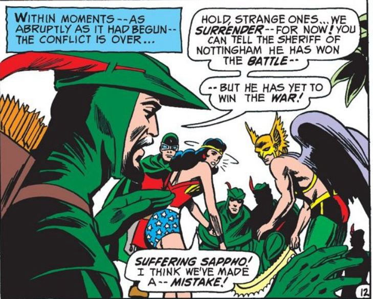 Little John surrenders to Wonder Woman, Hawkman and Dr. Mid-Nite, art by Dick Dillin