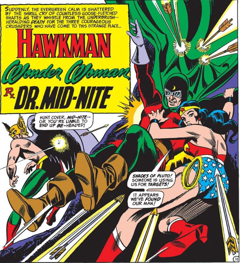 Hawkman, Wonder Woman and Dr. Mid-Nite arrive in Sherwood Forest, art by Dick Dillin and Joe Giella