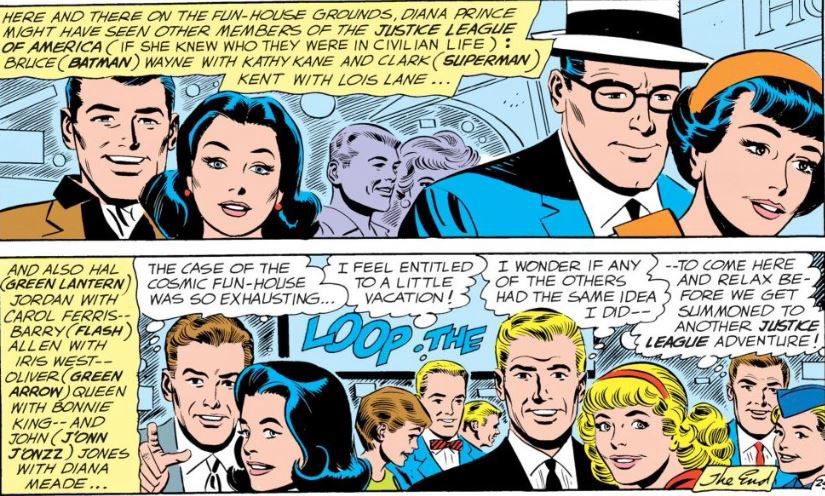 The Justice League in their secret identities on dates, Oliver Queen is with Bonnie King. Script by Garder Fox, art by Mike Sekowsky and Bernard Sachs