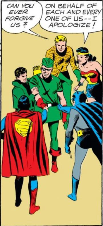 Green Arrow with the Justice League from JLA #5, art by Mike Sekowsky and Bernard Sachs