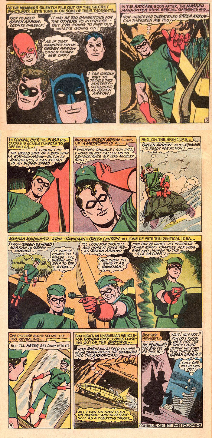 The Justice League disguise themselves as Green Arrow, written by Gardner Fox with art by  Mike Sekowsky and Sid Greene 