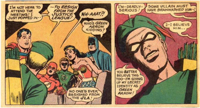 Green Arrow quits the JLA, art by  Mike Sekowsky and Sid Greene