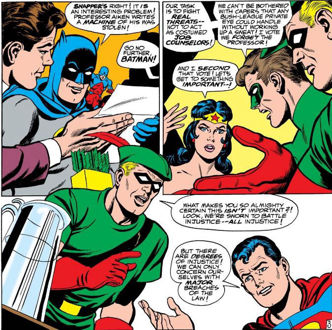 Green Arrow argues with the Justice League, written by Denny O'Neil, art by Dick Dillin and Sid Greene 