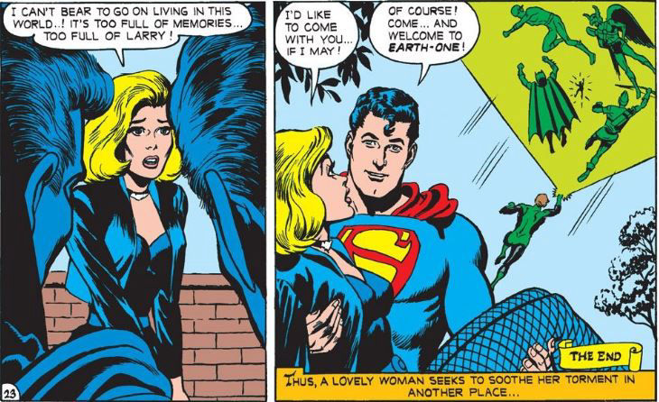 Black Canary leaves for Earth-One, written by Denny O'Neil, art by Dick Dillin and Sid Greene