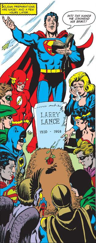 The funeral of Black Canary's husband Larry Lance, art by Dick Dillin and Sid Greene