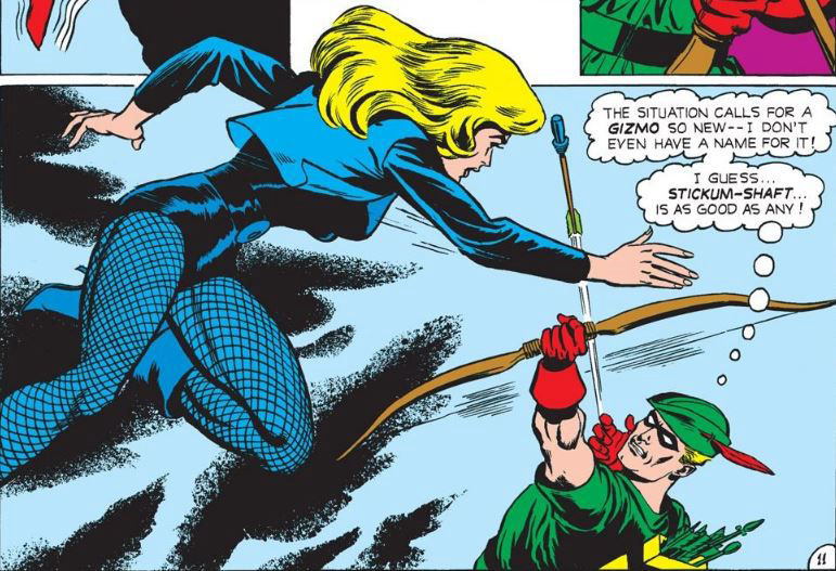 Green Arrow shoots a stickum shaft at Black Canary, art by Dick Dillin and Sid Greene