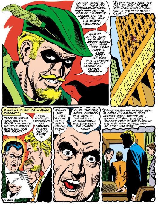 Green Arrow explains how he lost his fortune, written by Denny O'Neil, art by Dick Dillin and Joe Giella