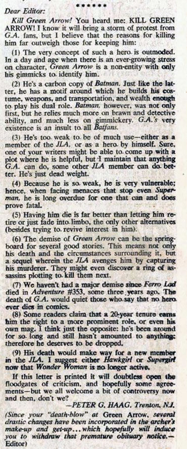 A letter in JLA #77 asking them to kill Green Arrow