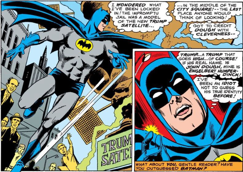 Batman escapes the Trump Satellite in Justice League of America #77 by Denny O'Neil and Dick Dillin 