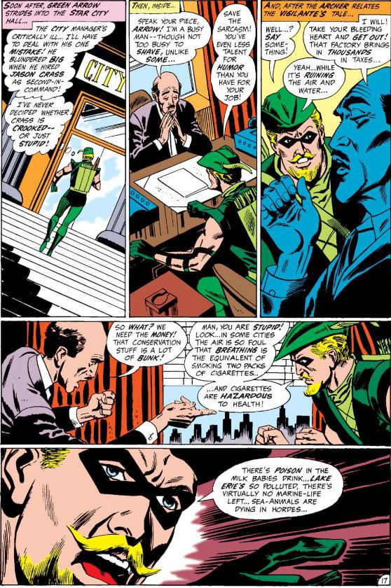 Green Arrow argues against pollution with the deputy city manager of Star City, written by Denny O'Neil with art by Dick Dillin and Joe Giella