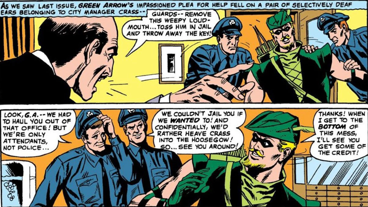 The Star City guards let Green Arrow go, written by Denny O'Neil with art by Dick Dillin and Joe Giella