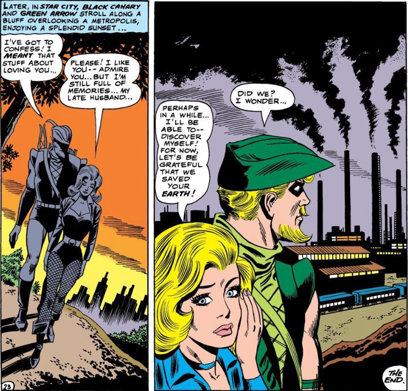 Green Arrow admits his feelings for Black Canary, written by Denny O'Neil with art by Dick Dillin and Joe Giella