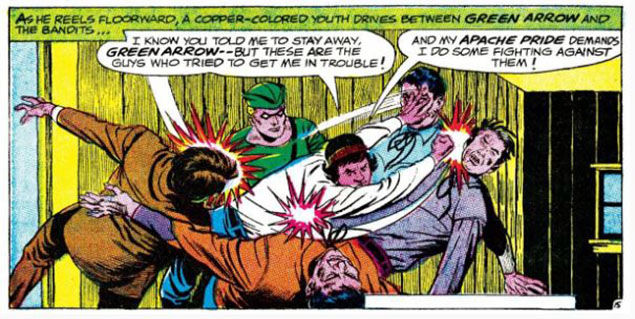 Green Arrow teams up with a young Apache in JLA #57, art by  Mike Sekowsky and Sid Greene