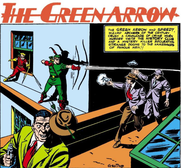 Title page of Green Arrow's first adventure in More Fun Comics #73, art by George Papp