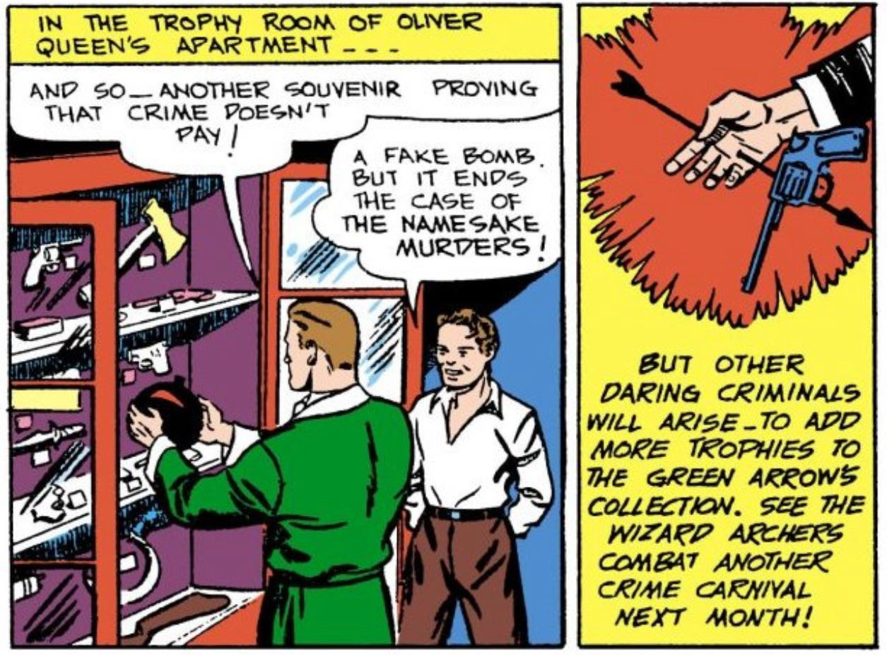 Oliver Queen and Roy Harper with their trophy case from More Fun Comics #73 by Mort Weisinger and George Papp
