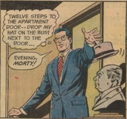 Clark Kent tosses his hat onto a bust of one-time Superman editor and Green Arrow co-creator Mort Weisinger, art by Curt Swan