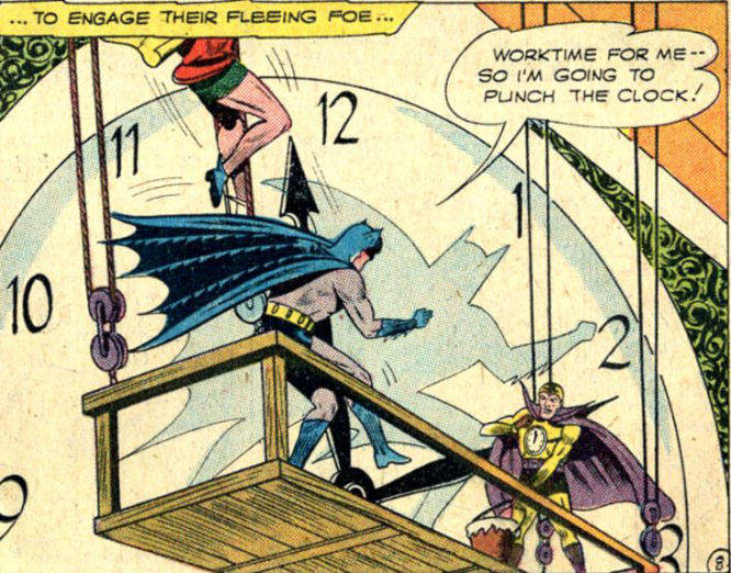 Batman and Robin face the Clock, art by Sheldon Moldoff
