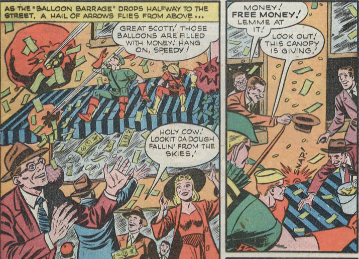 Greedy citizens impede Green Arrow from catching a criminal, art by George Papp