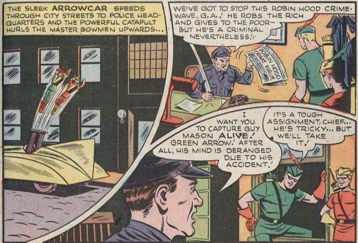 The police chief tells Green Arrow to arrest a Robin Hood type, art by George Papp