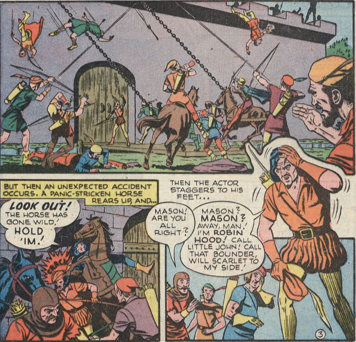 An actor is hit on the head and believes he's Robin Hood, World's Finest Comics #33, art by George Papp