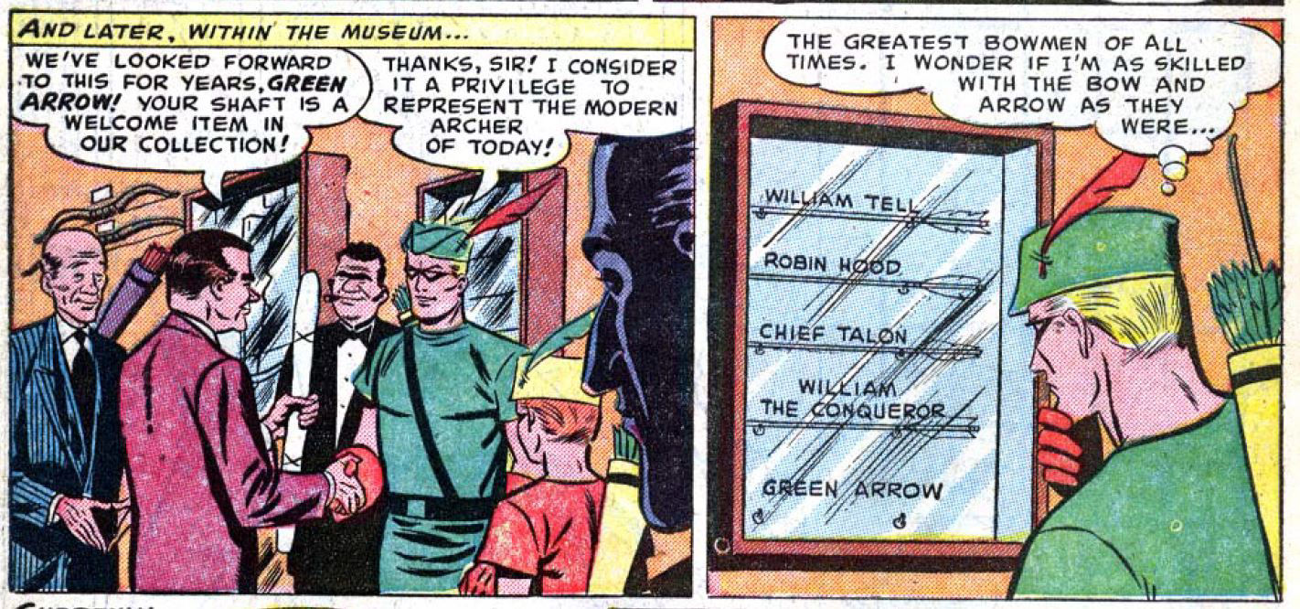 Green Arrow's arrow joins Robin Hood's, William Tell's and more, art by George Papp