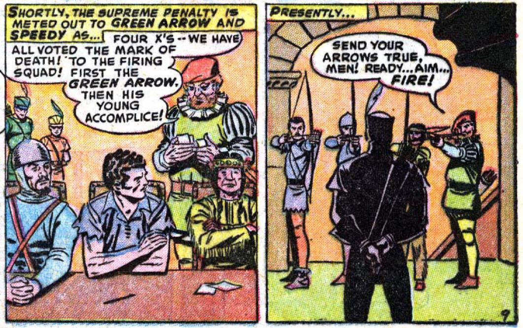 The greatest archers in history plan to execute Green Arrow by firing squad, art by George Papp