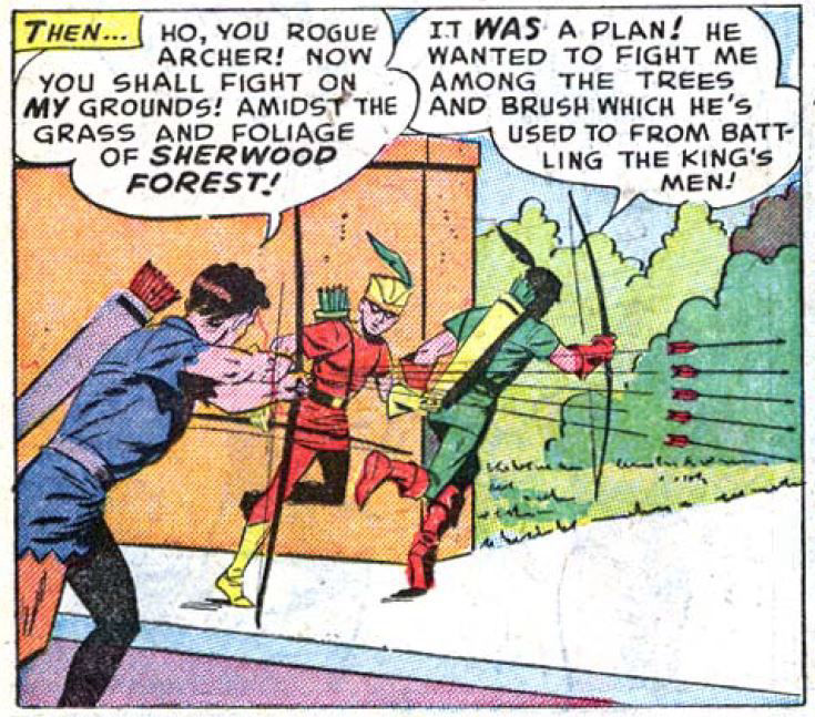Robin Hood forces Green Arrow and Speedy to the park, art by George Papp