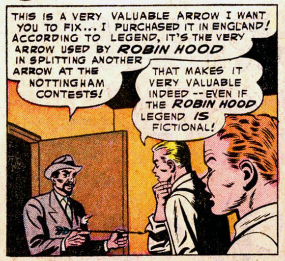 Oliver Queen and Roy Harper are given Robin Hood's arrow to fix, art by George Papp