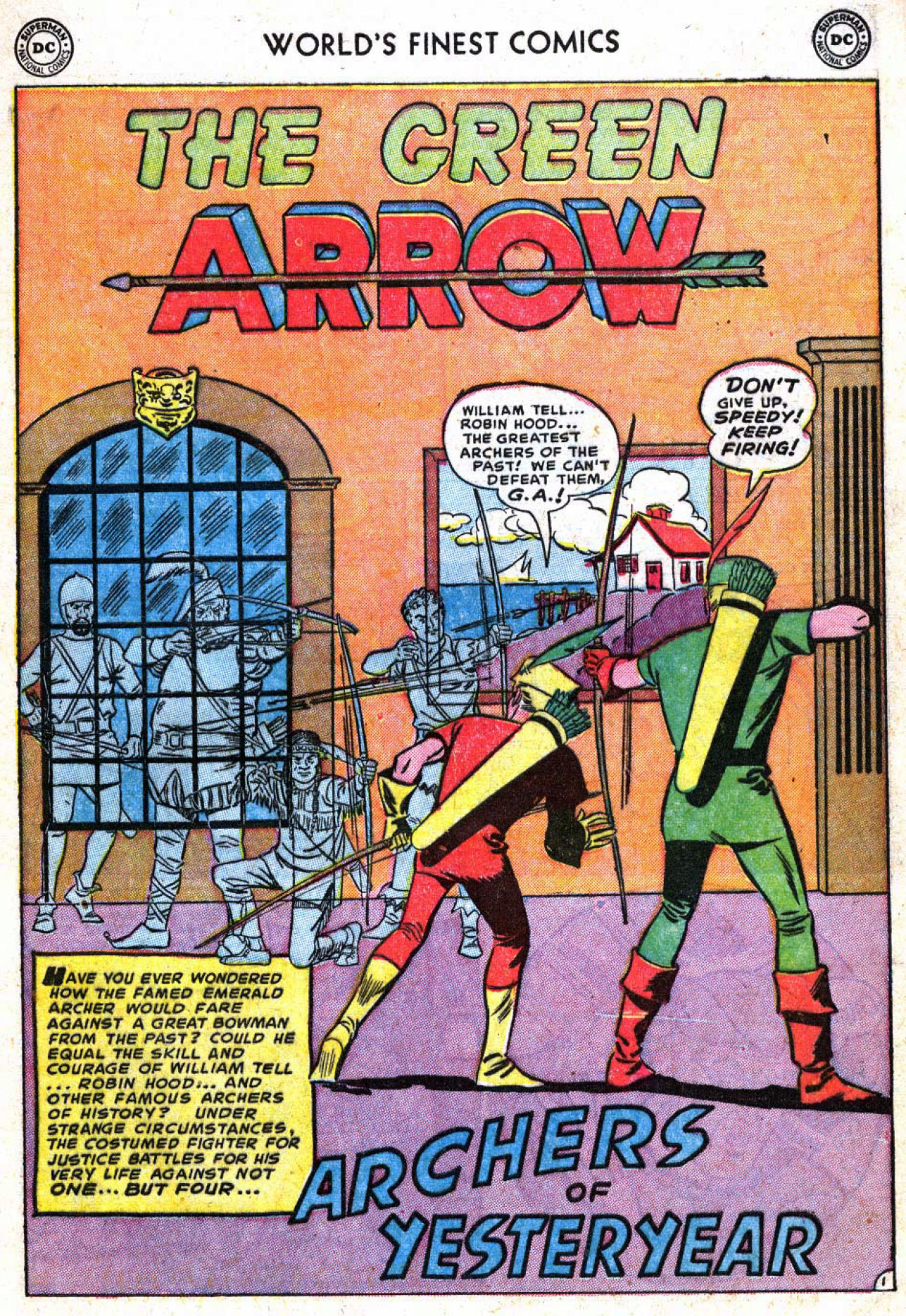 Splash page for Archers of Yesterday, Green Arrow story from World's Finest #63, art by George Papp