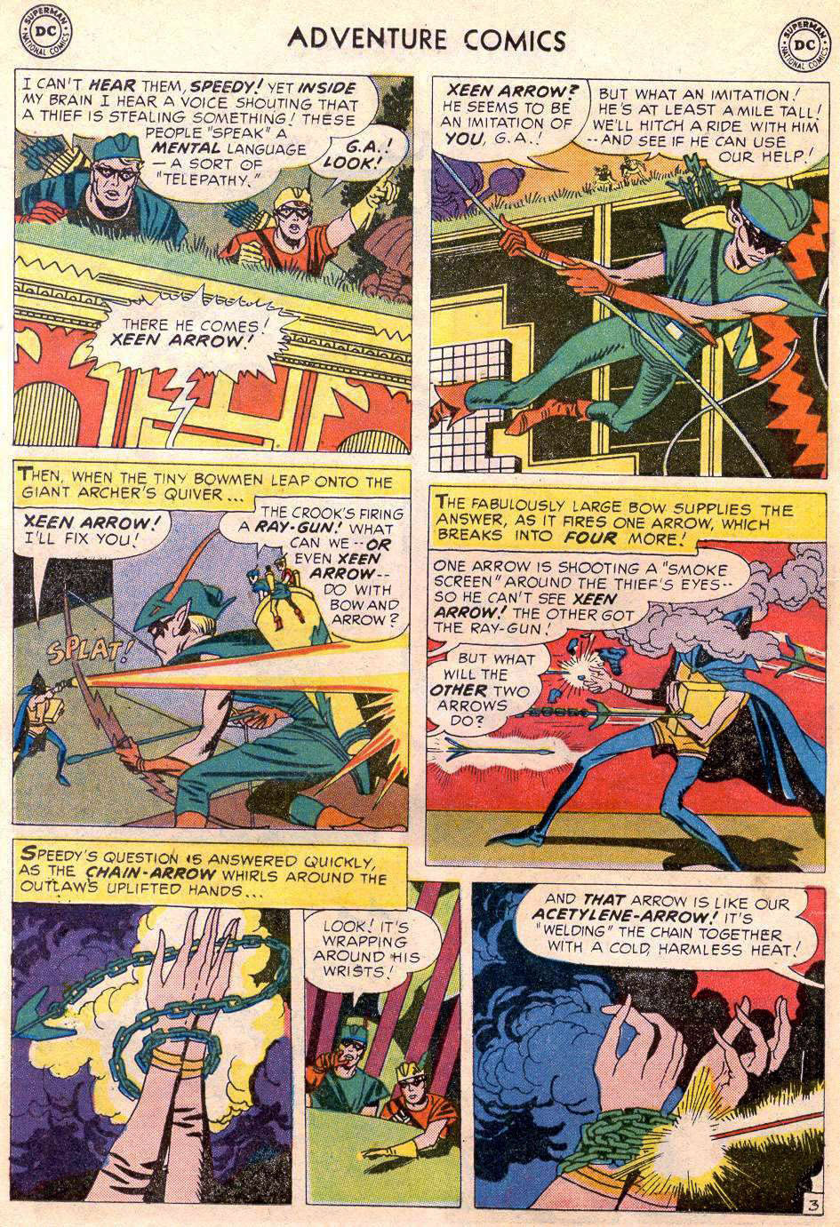 Green Arrow and Speedy look on as Xeen Arrow fights crime in Dimension Zero, art by Jack Kirby, script by Ed Herron